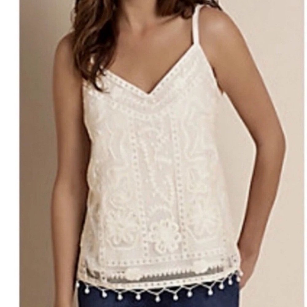 Soft Surroundings Antique Garden White Embroidered Pom Pom Tank Top Blouse Small